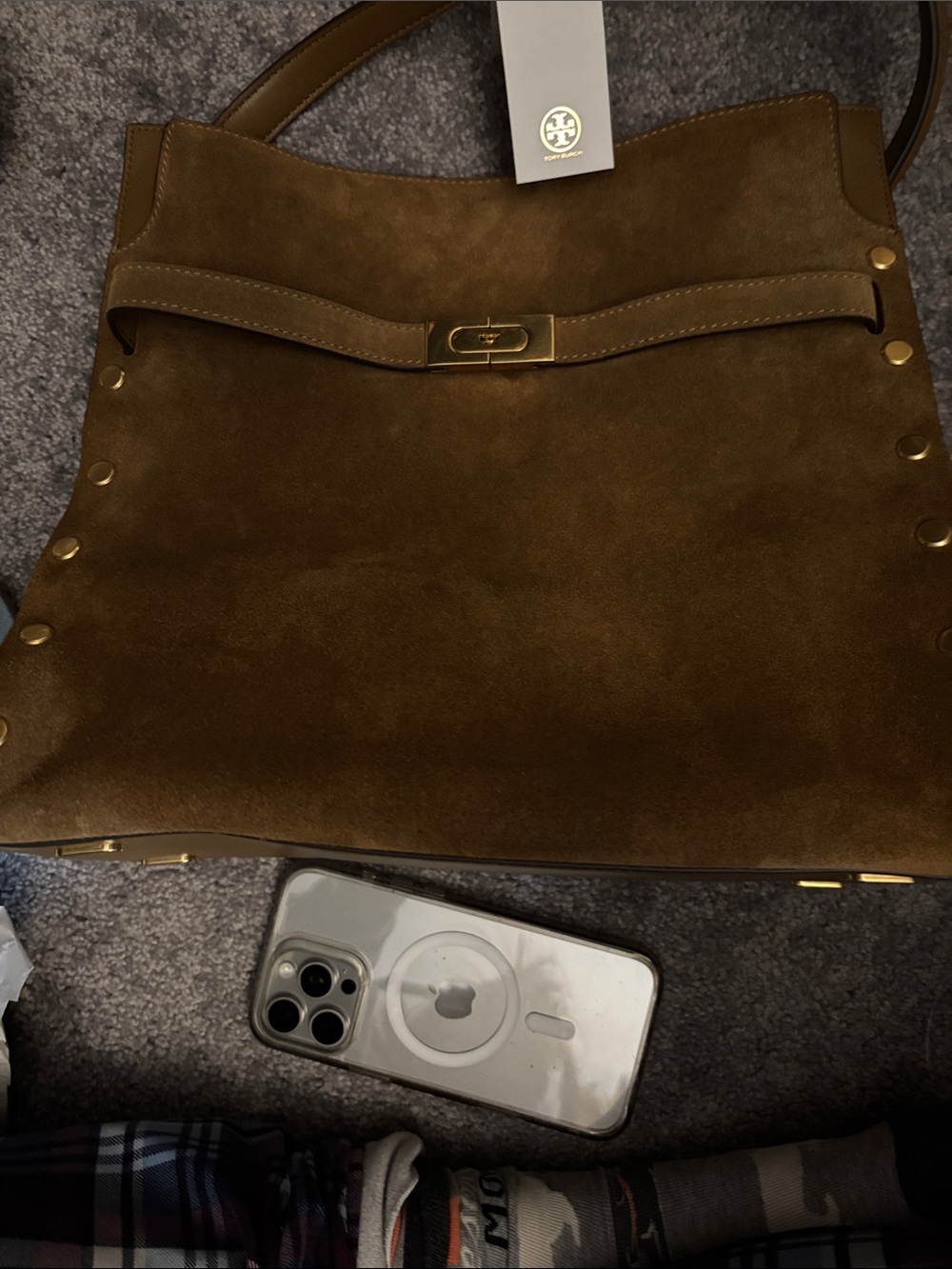 Tory Burch Lee Radzwill Brown Suede Bag with Gold Hardware